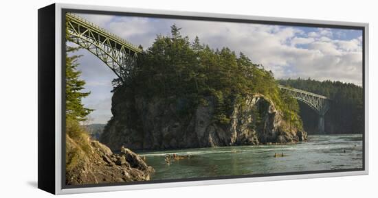 Washington, Sea Kayakers Play in Ebb Tidal Currents under the Deception Pass Bridge-Gary Luhm-Framed Premier Image Canvas