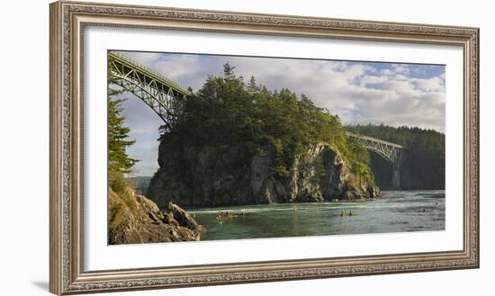 Washington, Sea Kayakers Play in Ebb Tidal Currents under the Deception Pass Bridge-Gary Luhm-Framed Photographic Print