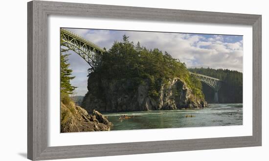 Washington, Sea Kayakers Play in Ebb Tidal Currents under the Deception Pass Bridge-Gary Luhm-Framed Photographic Print