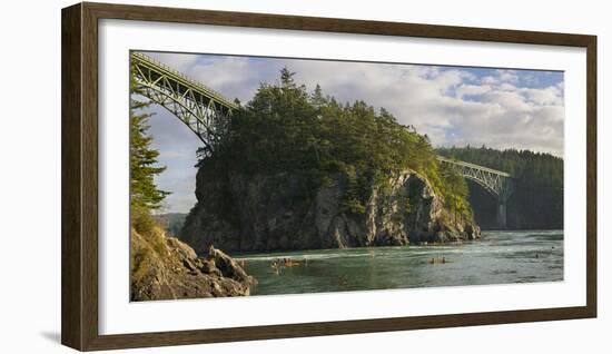 Washington, Sea Kayakers Play in Ebb Tidal Currents under the Deception Pass Bridge-Gary Luhm-Framed Photographic Print