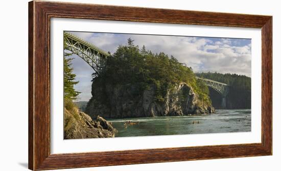 Washington, Sea Kayakers Play in Ebb Tidal Currents under the Deception Pass Bridge-Gary Luhm-Framed Photographic Print