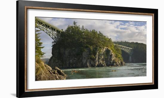 Washington, Sea Kayakers Play in Ebb Tidal Currents under the Deception Pass Bridge-Gary Luhm-Framed Photographic Print