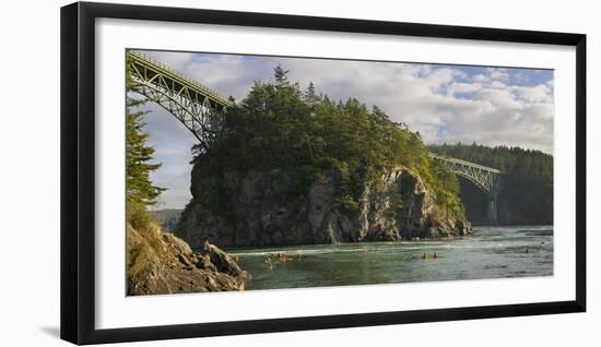 Washington, Sea Kayakers Play in Ebb Tidal Currents under the Deception Pass Bridge-Gary Luhm-Framed Photographic Print