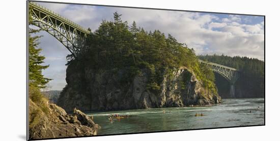 Washington, Sea Kayakers Play in Ebb Tidal Currents under the Deception Pass Bridge-Gary Luhm-Mounted Photographic Print