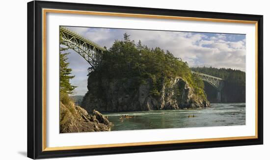 Washington, Sea Kayakers Play in Ebb Tidal Currents under the Deception Pass Bridge-Gary Luhm-Framed Photographic Print