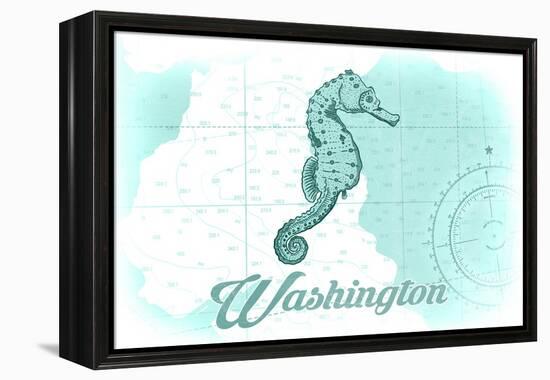 Washington - Seahorse - Teal - Coastal Icon-Lantern Press-Framed Stretched Canvas