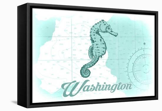 Washington - Seahorse - Teal - Coastal Icon-Lantern Press-Framed Stretched Canvas