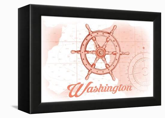 Washington - Ship Wheel - Coral - Coastal Icon-Lantern Press-Framed Stretched Canvas