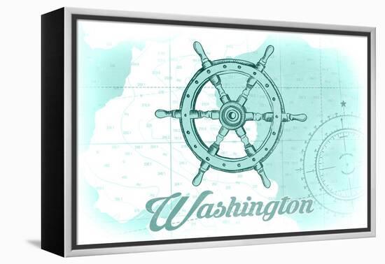 Washington - Ship Wheel - Teal - Coastal Icon-Lantern Press-Framed Stretched Canvas