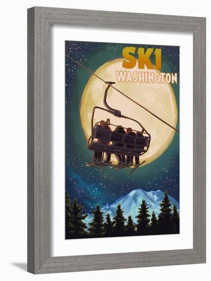 Washington - Ski Lift and Full Moon-Lantern Press-Framed Art Print