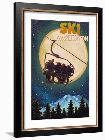 Washington - Ski Lift and Full Moon-Lantern Press-Framed Art Print