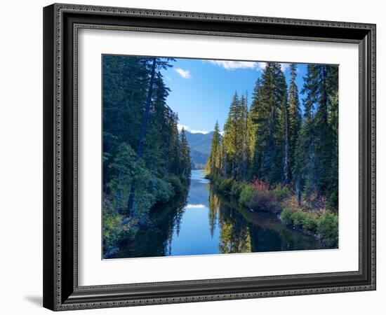 Washington State. Cooper Lake in Central Washington. Cascade Mountains reflecting in calm waters.-Terry Eggers-Framed Photographic Print