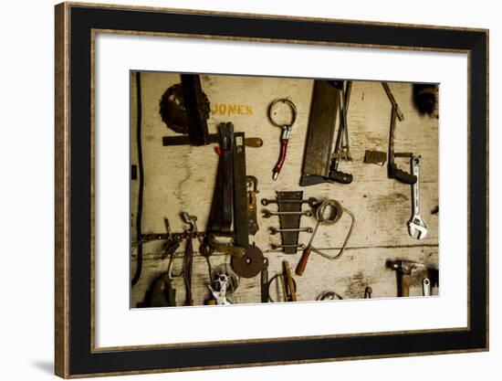 Washington State, Palouse, Whitman County. Pioneer Stock Farm, Tools Inside Farm's Shop-Alison Jones-Framed Photographic Print