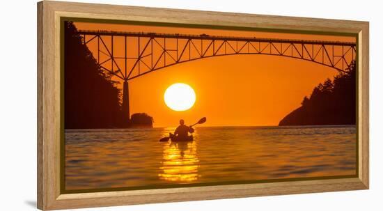 Washington, Woman Sea Kayaker Paddles before the Deception Pass Bridge at Sunset-Gary Luhm-Framed Premier Image Canvas