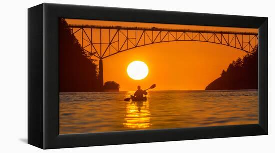 Washington, Woman Sea Kayaker Paddles before the Deception Pass Bridge at Sunset-Gary Luhm-Framed Premier Image Canvas