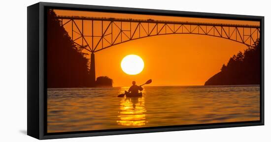 Washington, Woman Sea Kayaker Paddles before the Deception Pass Bridge at Sunset-Gary Luhm-Framed Premier Image Canvas