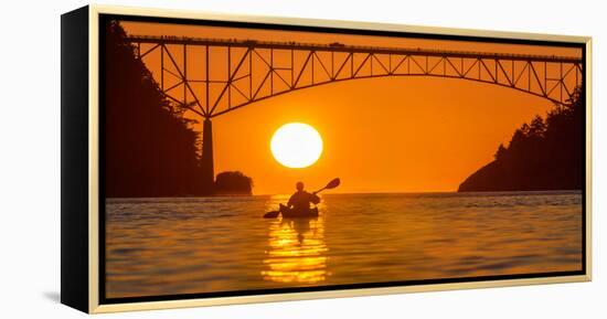 Washington, Woman Sea Kayaker Paddles before the Deception Pass Bridge at Sunset-Gary Luhm-Framed Premier Image Canvas