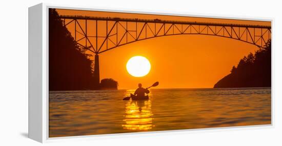 Washington, Woman Sea Kayaker Paddles before the Deception Pass Bridge at Sunset-Gary Luhm-Framed Premier Image Canvas