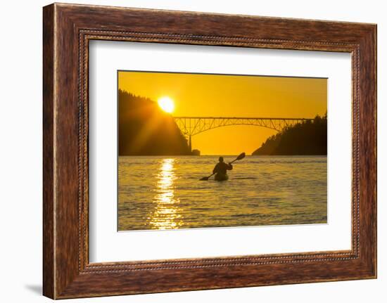 Washington, Woman Sea Kayaker Paddles before the Deception Pass Bridge at Sunset-Gary Luhm-Framed Photographic Print