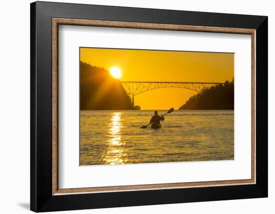 Washington, Woman Sea Kayaker Paddles before the Deception Pass Bridge at Sunset-Gary Luhm-Framed Photographic Print