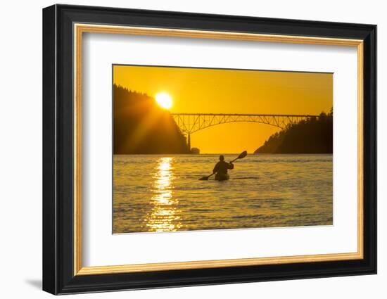 Washington, Woman Sea Kayaker Paddles before the Deception Pass Bridge at Sunset-Gary Luhm-Framed Photographic Print