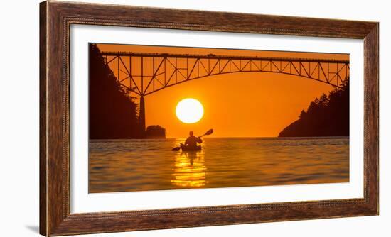 Washington, Woman Sea Kayaker Paddles before the Deception Pass Bridge at Sunset-Gary Luhm-Framed Photographic Print