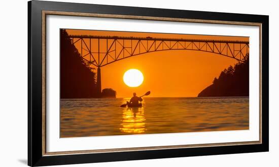 Washington, Woman Sea Kayaker Paddles before the Deception Pass Bridge at Sunset-Gary Luhm-Framed Photographic Print