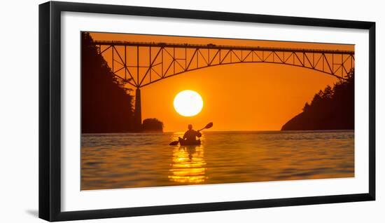 Washington, Woman Sea Kayaker Paddles before the Deception Pass Bridge at Sunset-Gary Luhm-Framed Photographic Print