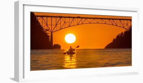 Washington, Woman Sea Kayaker Paddles before the Deception Pass Bridge at Sunset-Gary Luhm-Framed Photographic Print