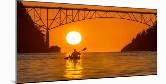 Washington, Woman Sea Kayaker Paddles before the Deception Pass Bridge at Sunset-Gary Luhm-Mounted Photographic Print