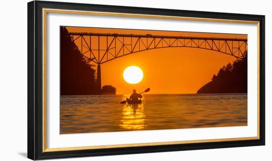 Washington, Woman Sea Kayaker Paddles before the Deception Pass Bridge at Sunset-Gary Luhm-Framed Photographic Print