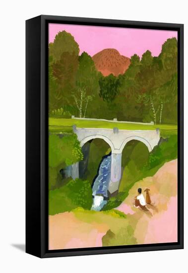 Watch the bridge with one's dog at dusk-Hiroyuki Izutsu-Framed Premier Image Canvas