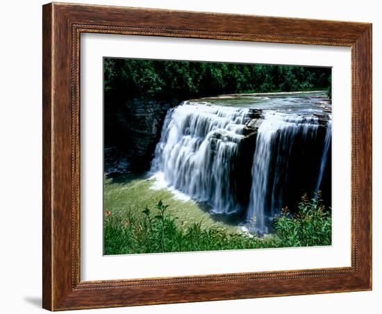 Water falling from rocks in a forest, Middle Falls, Genesee River, Letchworth State Park, New Yo...-null-Framed Photographic Print