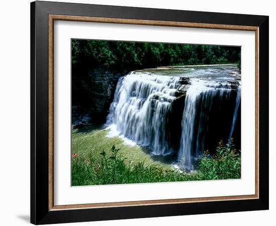 Water falling from rocks in a forest, Middle Falls, Genesee River, Letchworth State Park, New Yo...-null-Framed Photographic Print