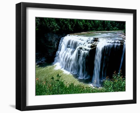 Water falling from rocks in a forest, Middle Falls, Genesee River, Letchworth State Park, New Yo...-null-Framed Photographic Print