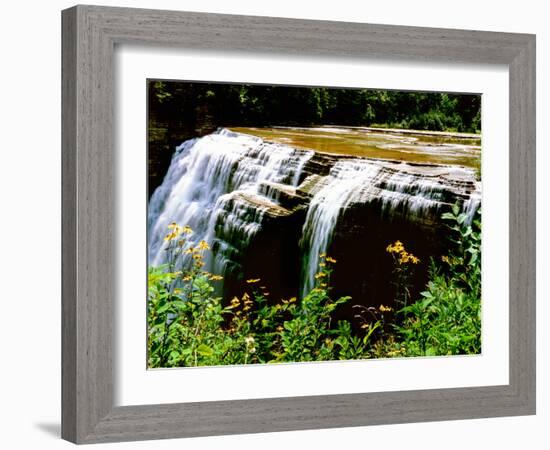 Water falling from rocks in a forest, Middle Falls, Genesee River, Letchworth State Park, New Yo...-null-Framed Photographic Print