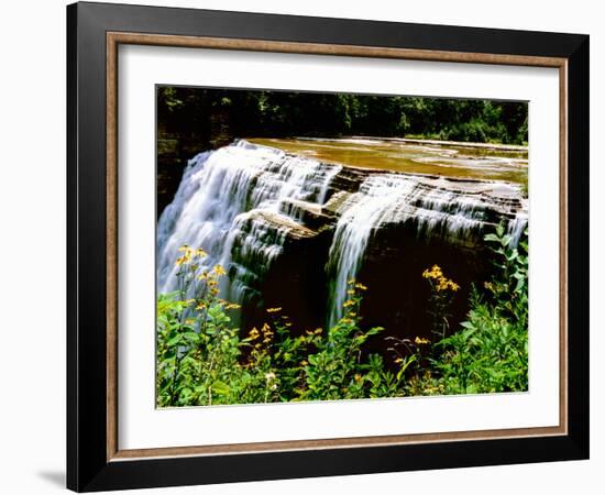 Water falling from rocks in a forest, Middle Falls, Genesee River, Letchworth State Park, New Yo...-null-Framed Photographic Print