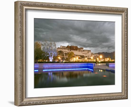 Water Feature in Front of the Potala Square Lit up with Neon Blue Lights in Early Evening, China-Don Smith-Framed Photographic Print