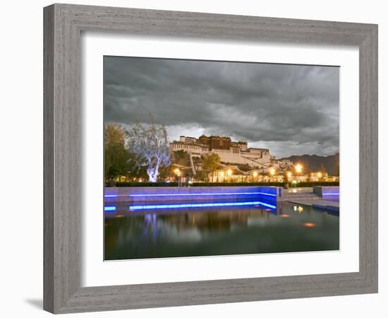 Water Feature in Front of the Potala Square Lit up with Neon Blue Lights in Early Evening, China-Don Smith-Framed Photographic Print