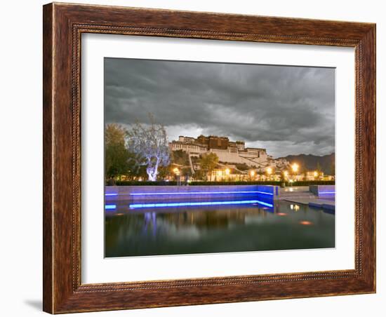 Water Feature in Front of the Potala Square Lit up with Neon Blue Lights in Early Evening, China-Don Smith-Framed Photographic Print