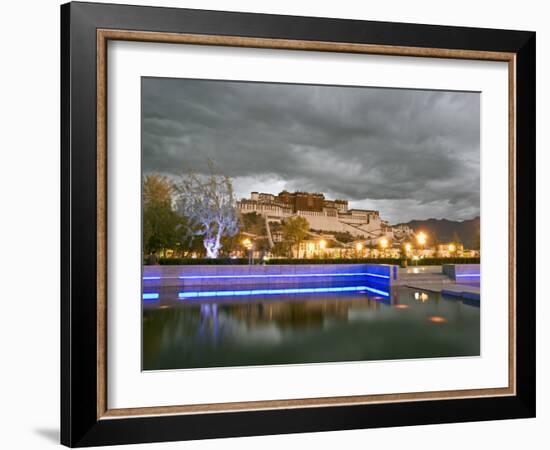 Water Feature in Front of the Potala Square Lit up with Neon Blue Lights in Early Evening, China-Don Smith-Framed Photographic Print