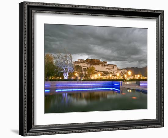 Water Feature in Front of the Potala Square Lit up with Neon Blue Lights in Early Evening, China-Don Smith-Framed Photographic Print