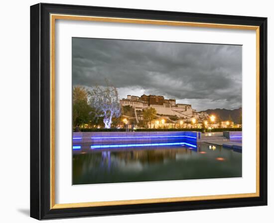 Water Feature in Front of the Potala Square Lit up with Neon Blue Lights in Early Evening, China-Don Smith-Framed Photographic Print