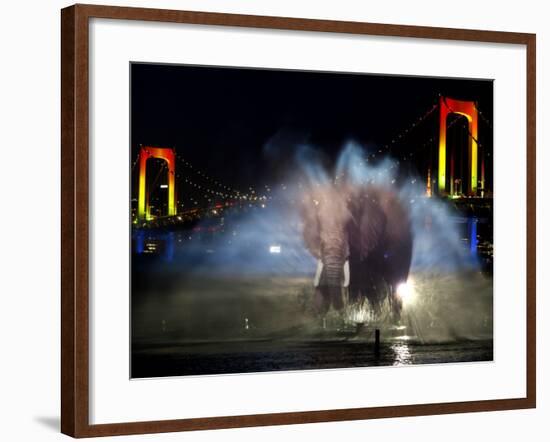 Water Illumination Show With the Backdrop of Illuminated Rainbow Bridge and Tokyo Skyline-null-Framed Photographic Print