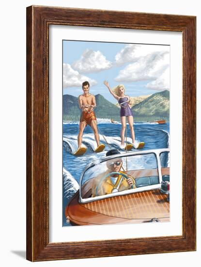 Water Skiing and Wooden Boat-Lantern Press-Framed Art Print