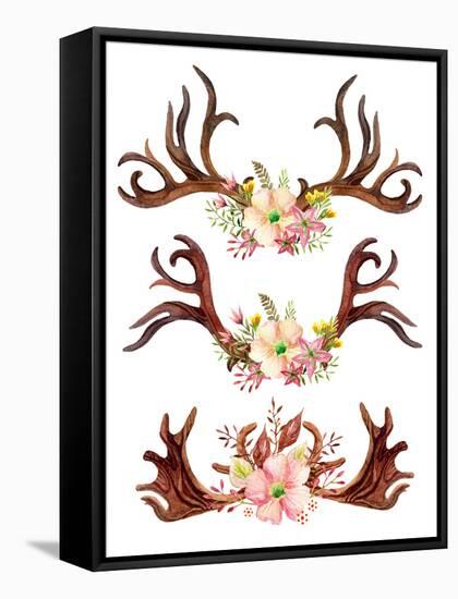 Watercolor Antler with Flowers, Leaves and Herbs-tanycya-Framed Stretched Canvas