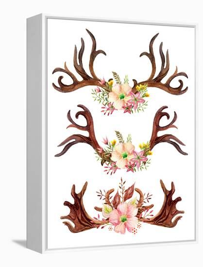 Watercolor Antler with Flowers, Leaves and Herbs-tanycya-Framed Stretched Canvas