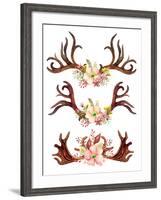Watercolor Antler with Flowers, Leaves and Herbs-tanycya-Framed Art Print