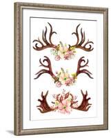 Watercolor Antler with Flowers, Leaves and Herbs-tanycya-Framed Art Print