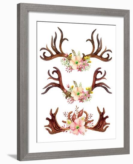 Watercolor Antler with Flowers, Leaves and Herbs-tanycya-Framed Art Print